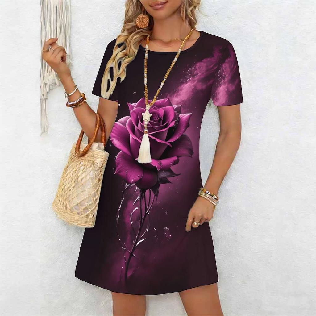 Women's Fashion Graceful Beautiful Colorful Flowers Grass Colorful Flowers and Small Grass Print Summer Spring Short Sleeve O-Neck Casual Dresses