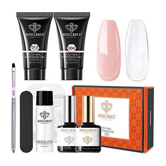 Modelones Gel Nail Poly Nail Gel Color Gel Length Extension Gel Scalp Nail Set All in One Kit (Nude 15g + Clear 15g)