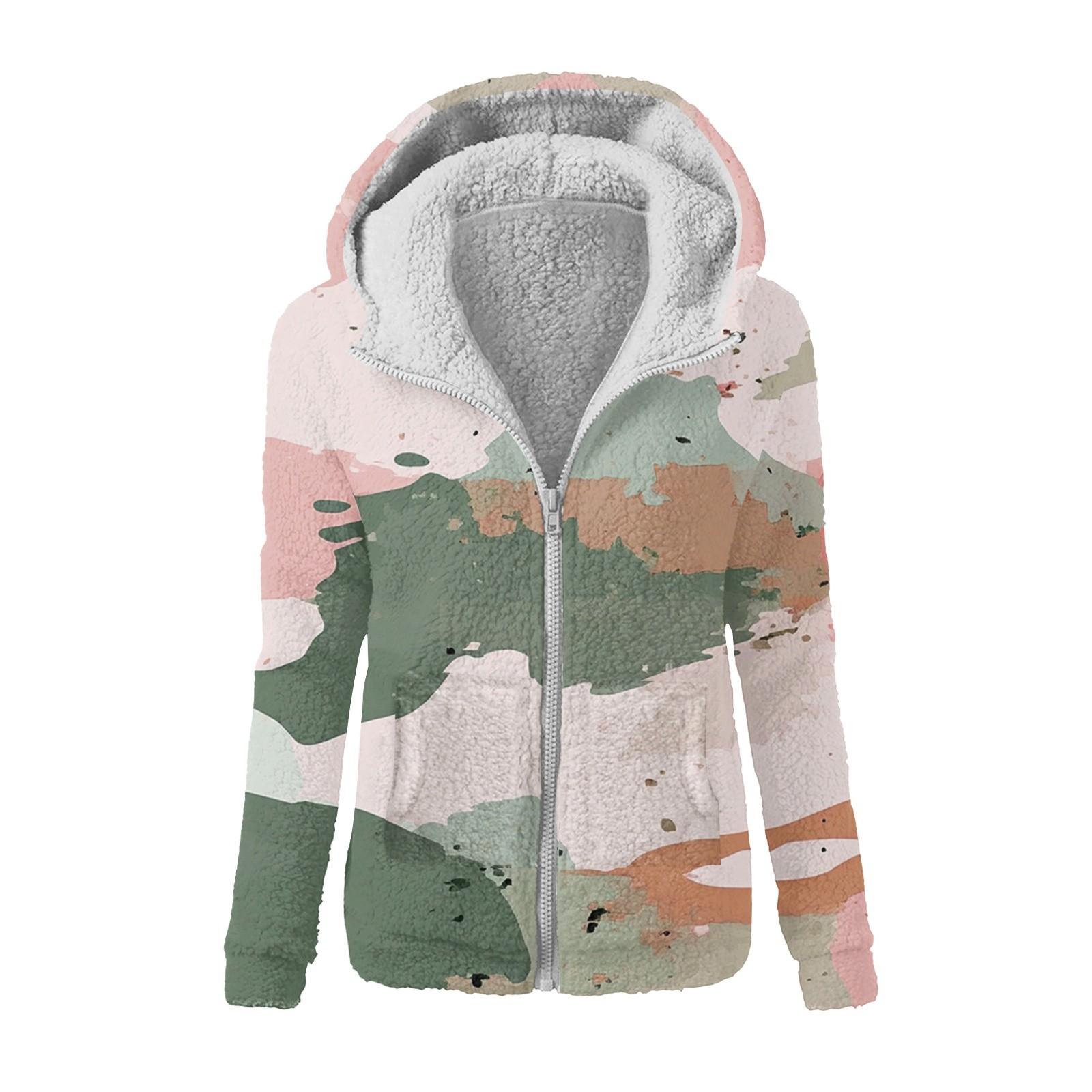 

Жіноча зимова камуфляжна повсякденна модна плюшева куртка на блискавці з капюшоном і принтом XL