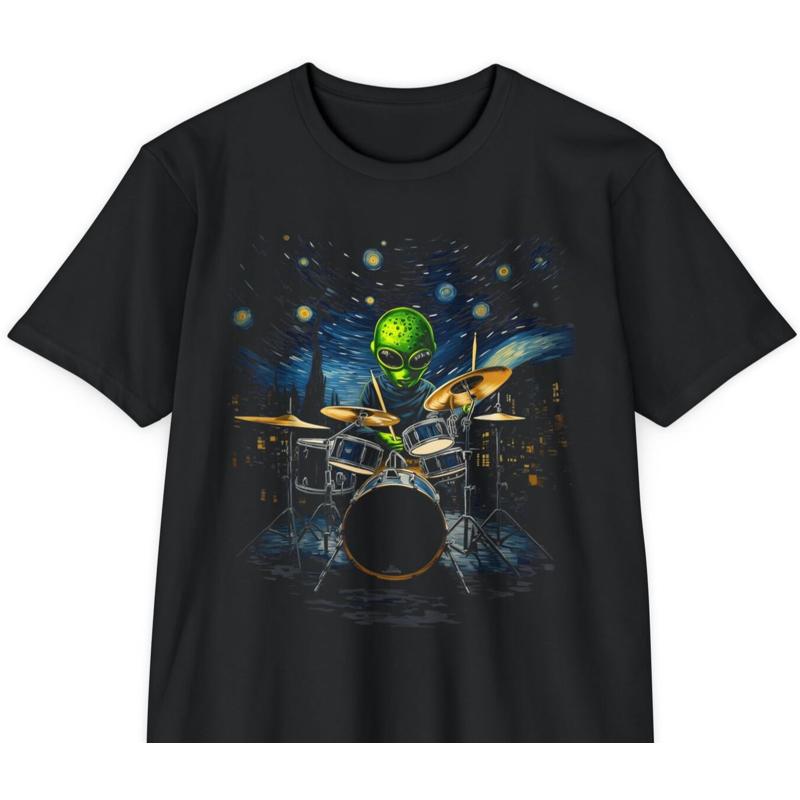 Alien Drummer T Shirt Cosmic Musician Under Starry Night Sky S разноцветный
