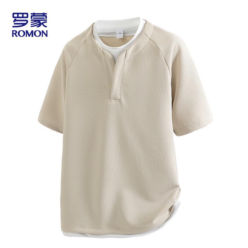 ROMON Men's Summer Waffle Faux Two-Piece Short Sleeve T-Shirt