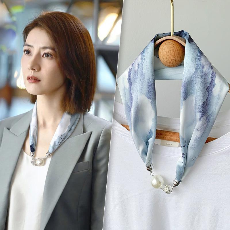 Lazy Magnetic Buckle Summer Scarf with Pearl Necklace Decoration for Women