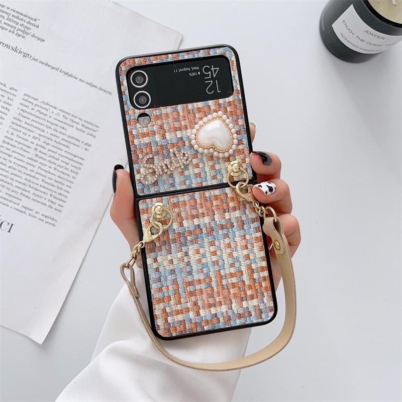 Luksus vintage vevd mønsterveske for Samsung Galaxy Z Flip 5 4 Z Flip 3 Square Pearl PU Brace Lanyard Cover for Samsung Galaxy Z Fold 5 3 Z fold 4