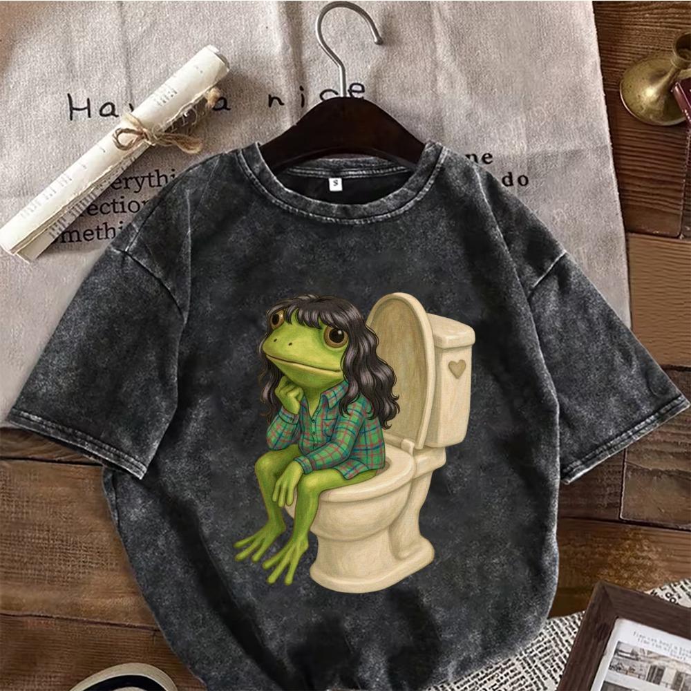 Grappige Kikker Meme Washed Black T-shirts Bob Kapsel Glamoureuze Ballerina en Toilet Kikker Prints voor Fans