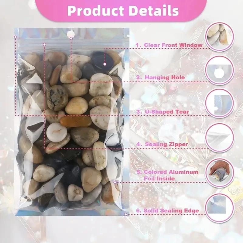 50pcs Smell Proof Mylar Bags Holographic Laser Color Plastic Pouch Candy Suger Tea Jewelry Beauty Retail Storage Party Gift Zip Lock Bag