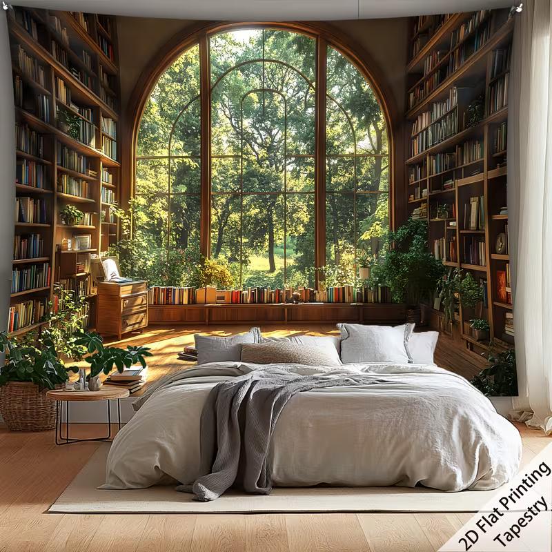 

2D Vintage Library Forest Window Tapestry, Bookshelf & Nature View Wall Hanging for Bedroom 47.2x31.5inch/120*80cm