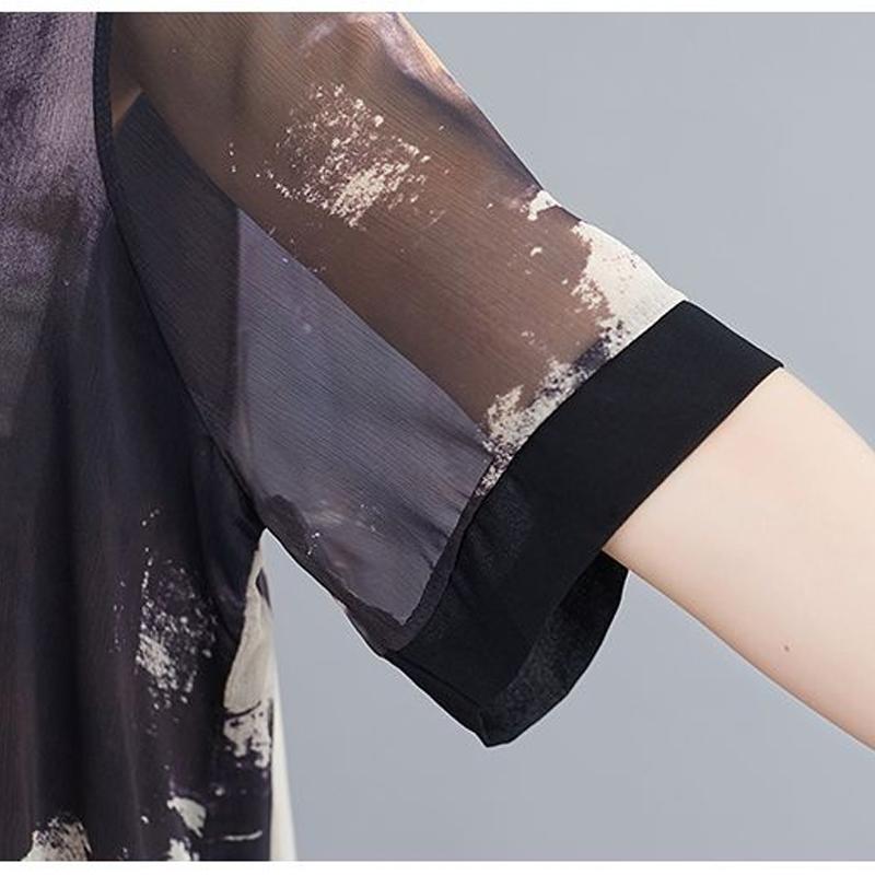 Summer New Oversize Chiffon Shirt Women Round Neck Short Sleeve Vintage Printing Pullovers Female Loose Casual Lace Tops