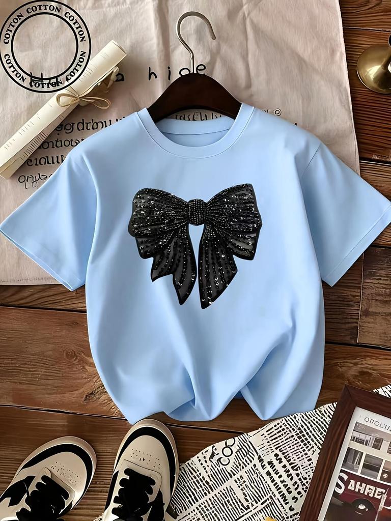 Modisches Freizeit-T-Shirt für Mädchen mit Schleifenmuster, kurzärmelig, für den Sommer