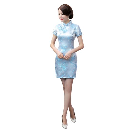 Chinese Women Plum Blossom Bridesmaid Short Sleeve Split Mini Evening Dress