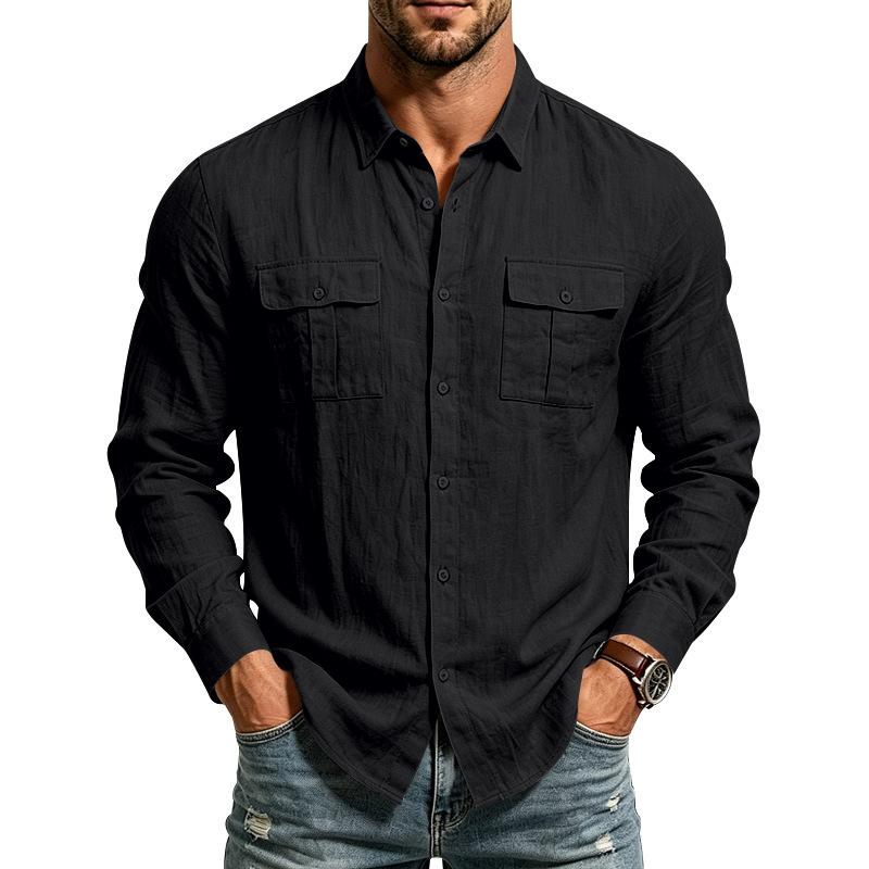 Men's Casual Textured Button Down Shirt Double Chest Pockets Long Sleeve Collared Top