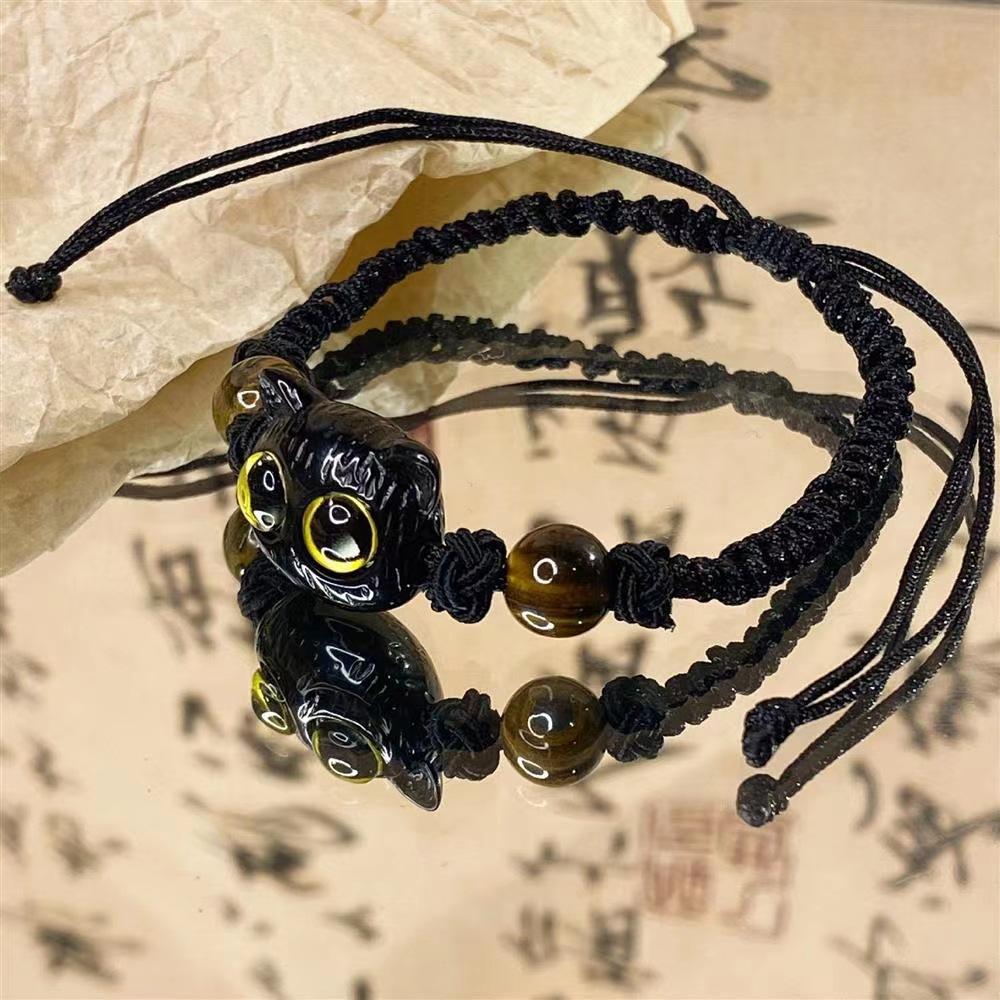 Cute Cat Couple Bracelet Imitation Wood Crystal Braided Children Bracelet Fashion Zircon Trendy Accessories