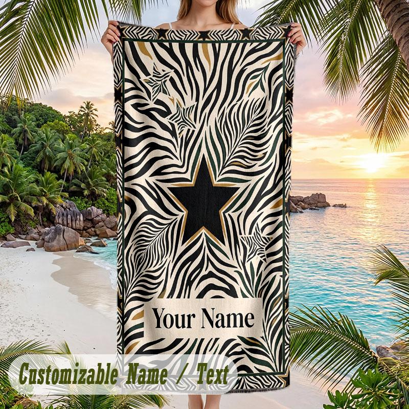 Zebra Star Blanket Theme Quick Dry Beach Towel Custom Name Text Print Large Sand Resistant Towel Beach Vacation