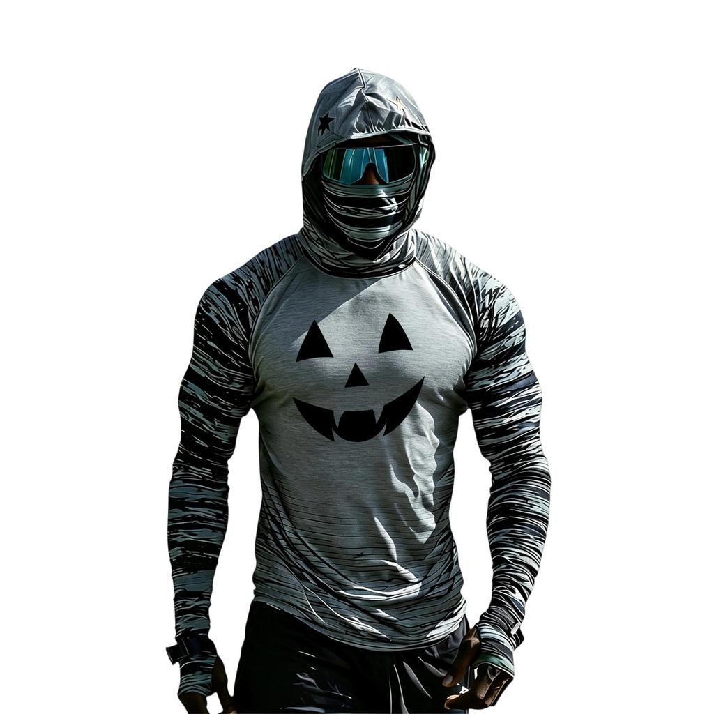 Men's Casual Long Sleeve Hooded Raglan Sun Top with Colorblock and Halloween Print