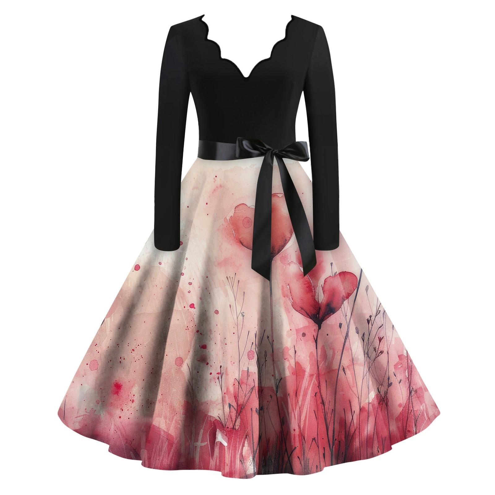 Women s Casual Fashion V-neck Long Sleeved Retro Love Print Retro Dress M