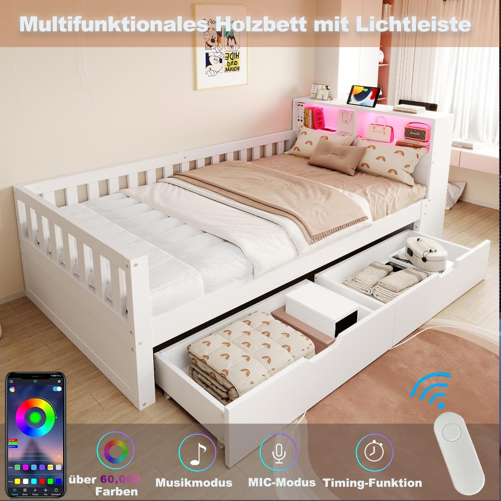 Multifunctional Wooden Bed 90 × 200 Cm, With Drawers, Shelf and Storage, Equipped With Socket and LED Lighting, Safety Rail, Single Bed, White