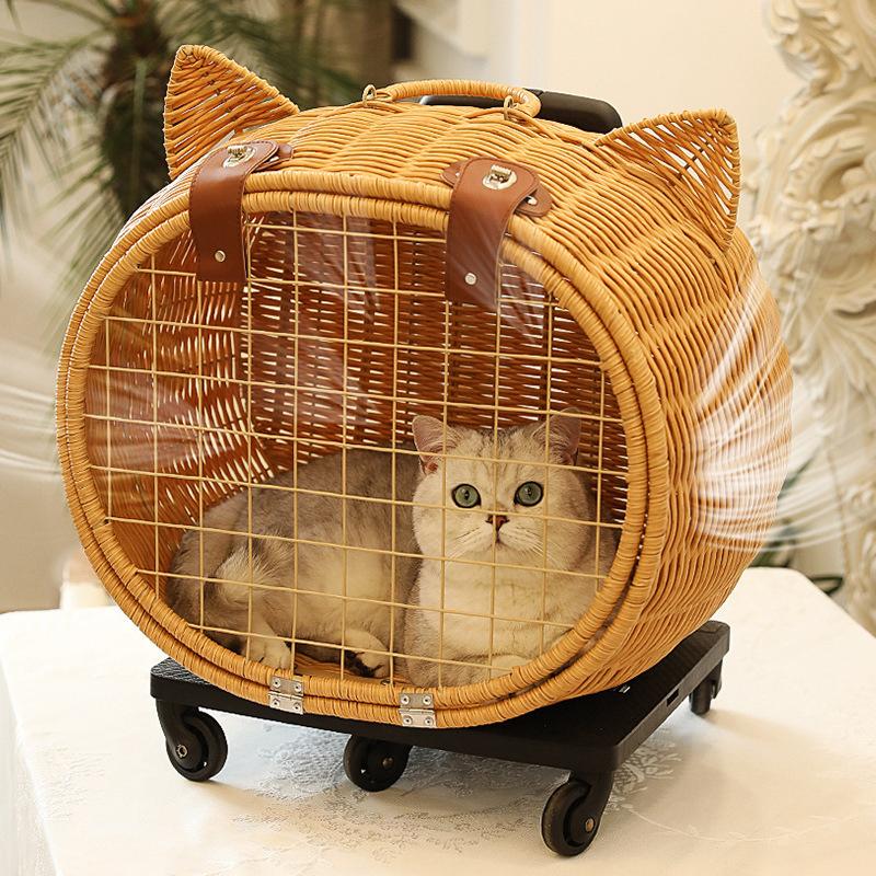Pet Cat Bag Breathable Portable Puppy Dog Transport Carrier Rattan Trolley Cat Cart Travel Box Cat Cage Cat Box Pet Trolley
