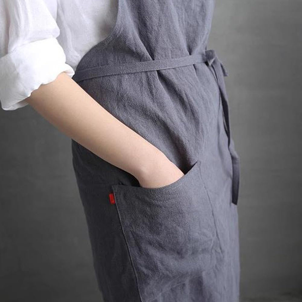 JOYAIYI Cafe-Style Linen Apron with a Simple Pocket for Hiding Your Bottom and a Front Pocket, Solid Color, Unisex Home Apron (Khaki)