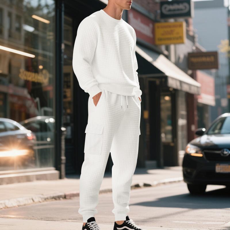 Autumn and Winter Men's Loose Simple Textured Jacquard Casual Sports Commuting Workwear Sweatshirt Set