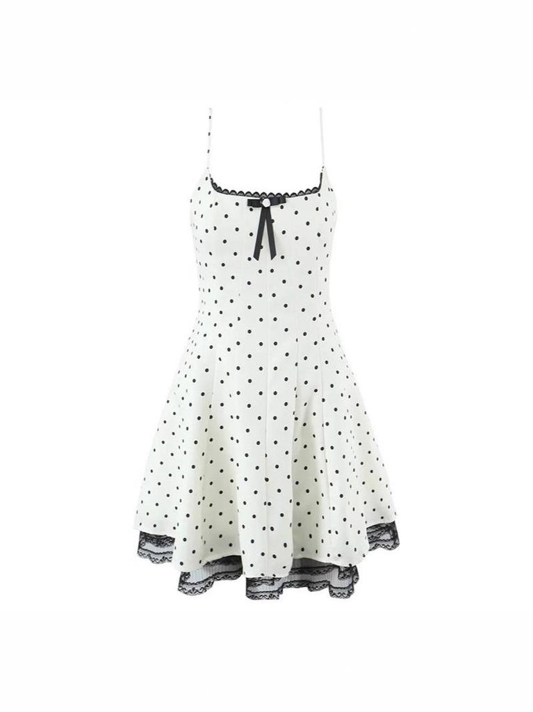 Women's Korean Style Lace Patchwork Polka Dot Sleeveless Camisole Dress – Waist-Cinched, Sexy French Short Skirt for Summer