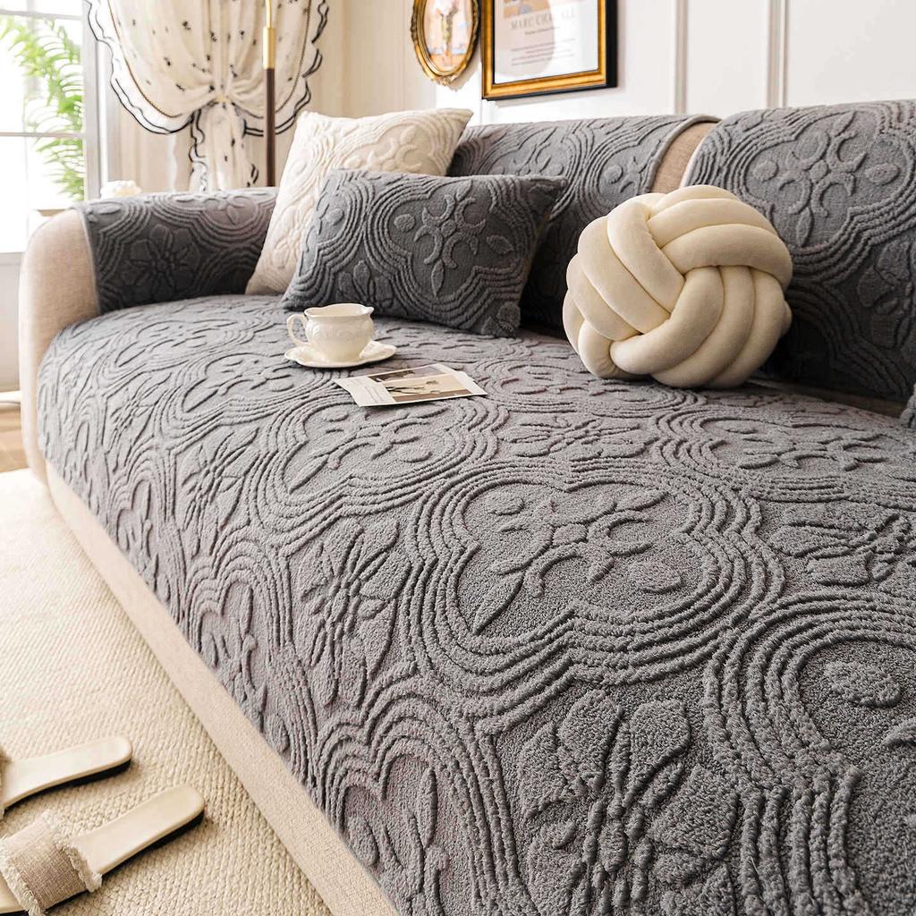 New Fixed Anti Slip Sofa Cover Fabric One-Piece Straight Row Seat Cushion Cream Wind Thickened Autumn And Winter Version