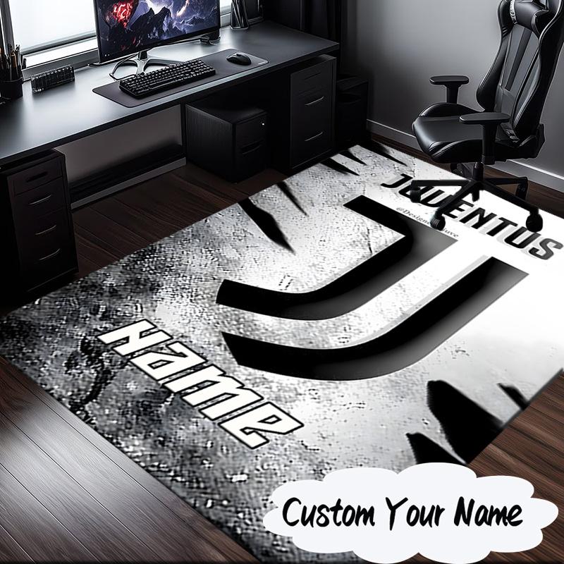 Custom Name Juventus Football Rug for Living Room, Game Rooms, Office, Bedroom, Floor Mat Playful Design, Fan Gifts Christmas Decor