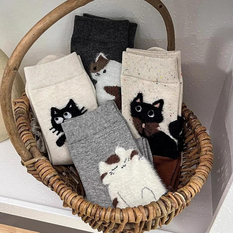 Autumn Vintage White Kawaii Socks Women Cute Cartoon Cat Pattern Middle Tube Socks Japanese Soft Cotton Winter Warm Floor Sock
