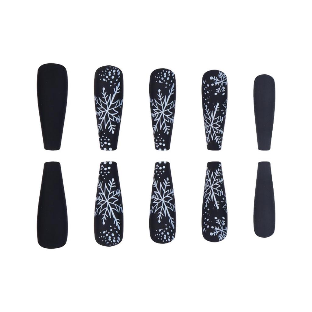 European Christmas Snowflake Black Ballet Long Wearable False Nails - Set of 24 Detachable Nail Art Pieces