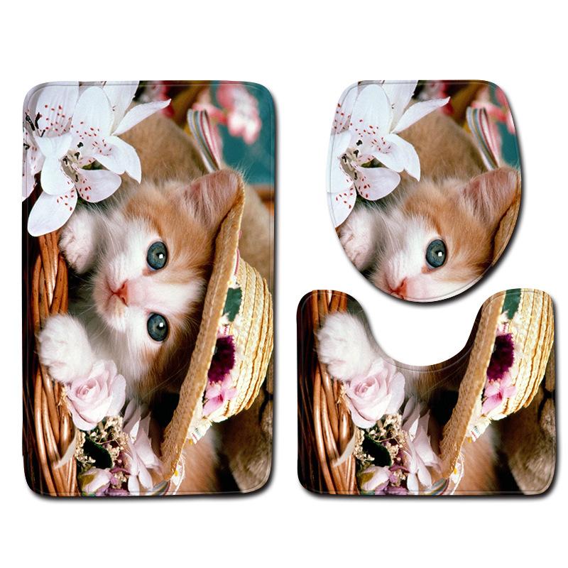 3D Kitten Bathroom Toilet Three-Piece Floor Mat Doormat Bathroom Carpet