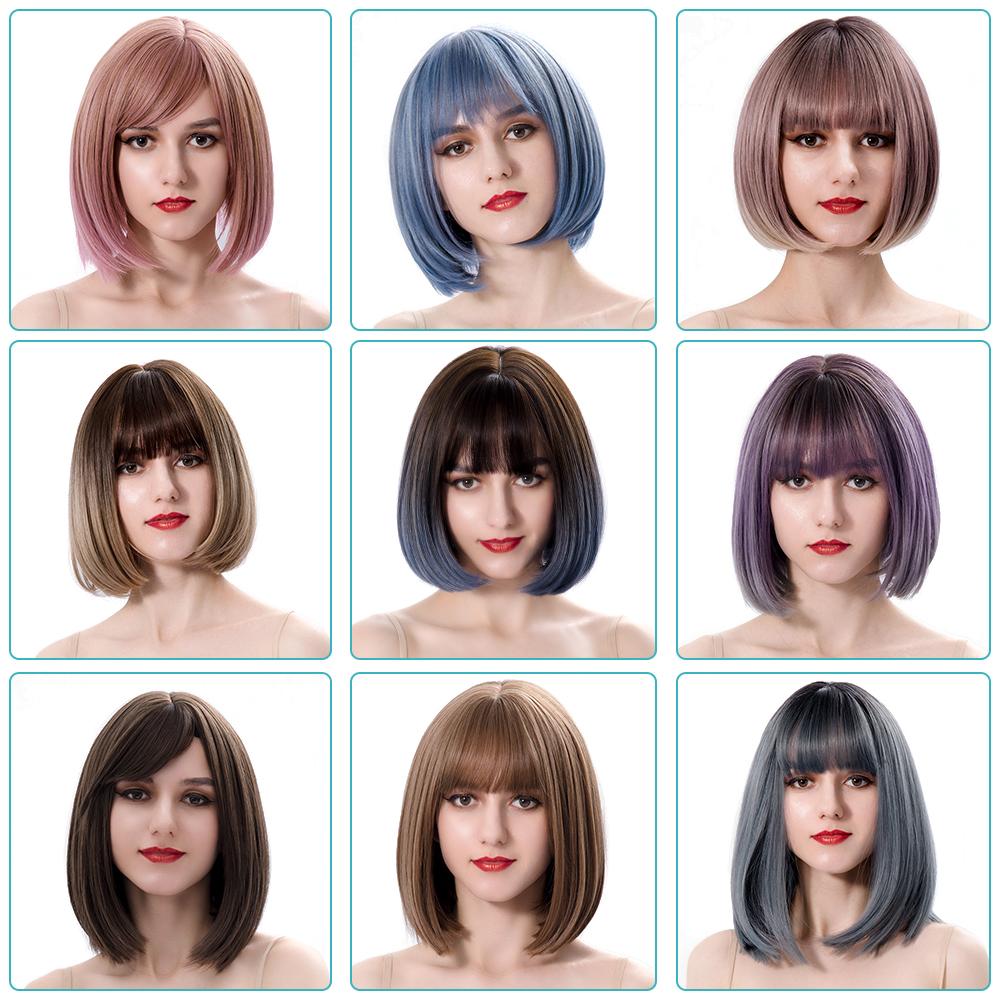 Bob Wig Straight Short Black To Blue Ombre Daily Synthetic Wigs For Women With Bangs Nutural  Heat Resistant Fiber Cosplay Hair