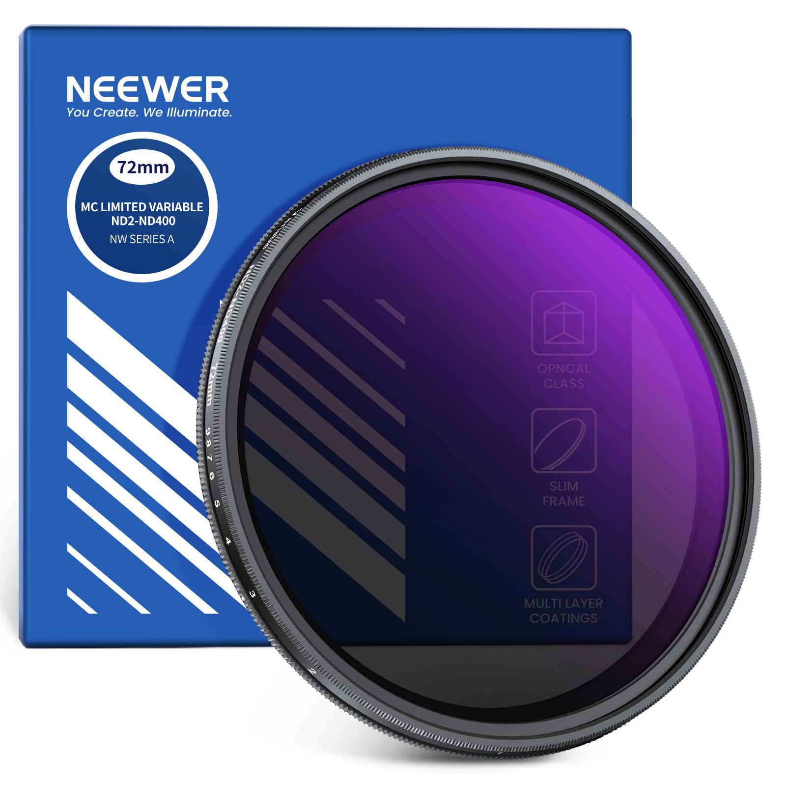 

NEEWER 72mm Variable Neutral Density Hard HD Optical Aluminum and Filter, ND2-ND400 Stop, Multi-Coated Glass, Ultra-Thin Frame, Waterproof,