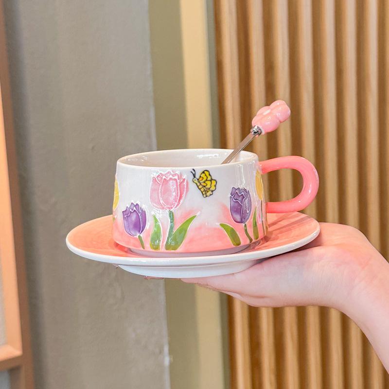 Hand-painted tulip exquisite coffee cup niche high-end ceramic cup and saucer set afternoon teacup souvenir gift