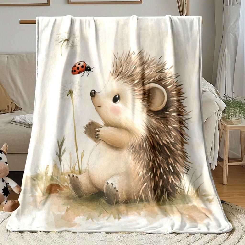 Hedgehog Mushroom Throw Blanket, Cute Animal Print Blanket for Sofa Bed Travel Camping Home Decor