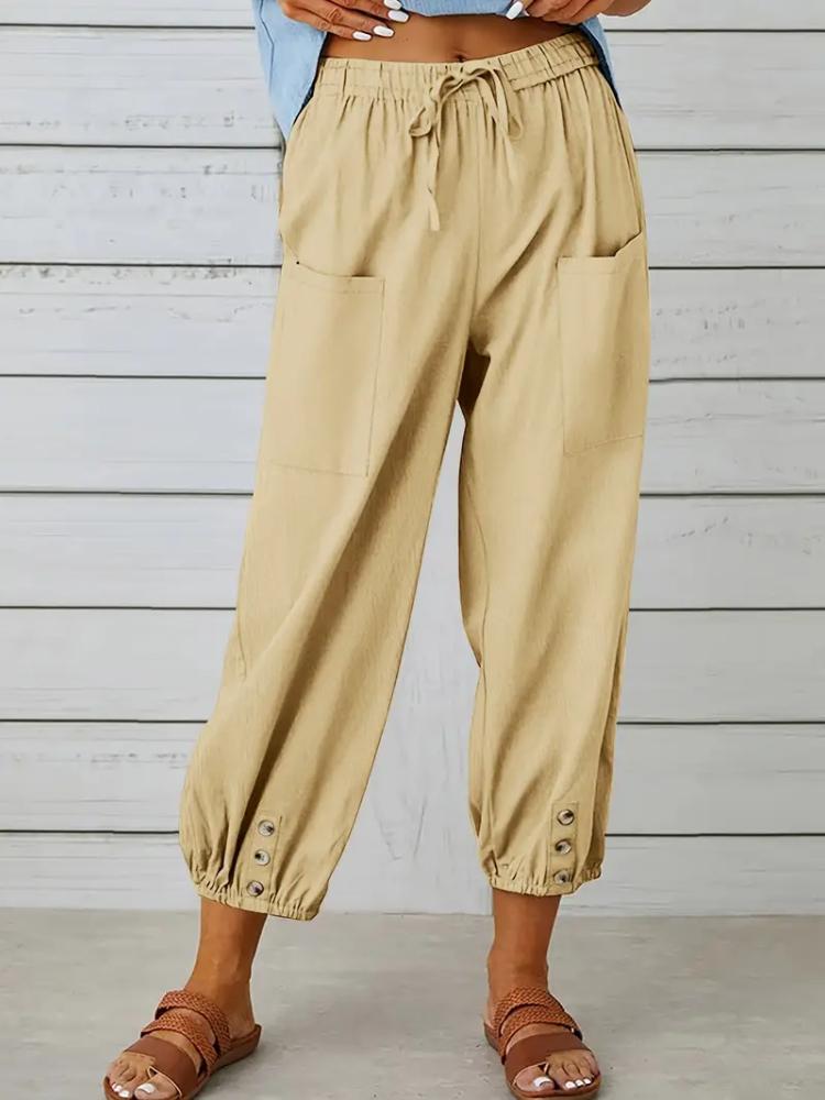 Women Capri Pants Drawstring High Waist Trousers Wide Leg Cropped Pants with Pockets