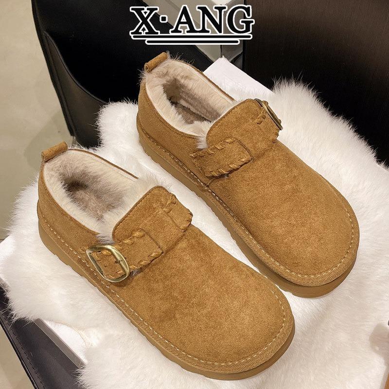 Cowhide All-inclusive Women's Velvet Thickened Thermal Cotton Shoes Winter Wool Snow Boots One Pedal Fluffy Shoes