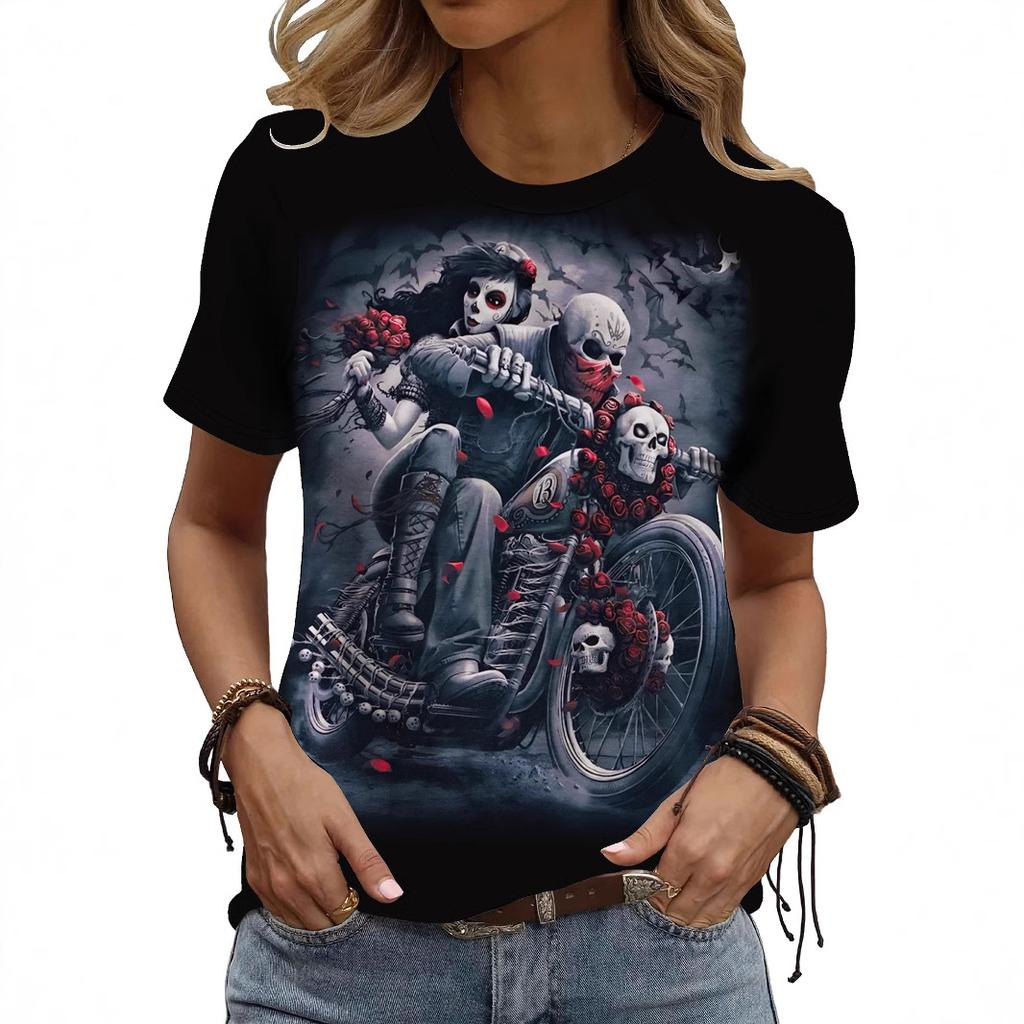 Summer Round Neck 3D Kull Print Top Fashionable Casual Short Sleeved Women's T-shirts