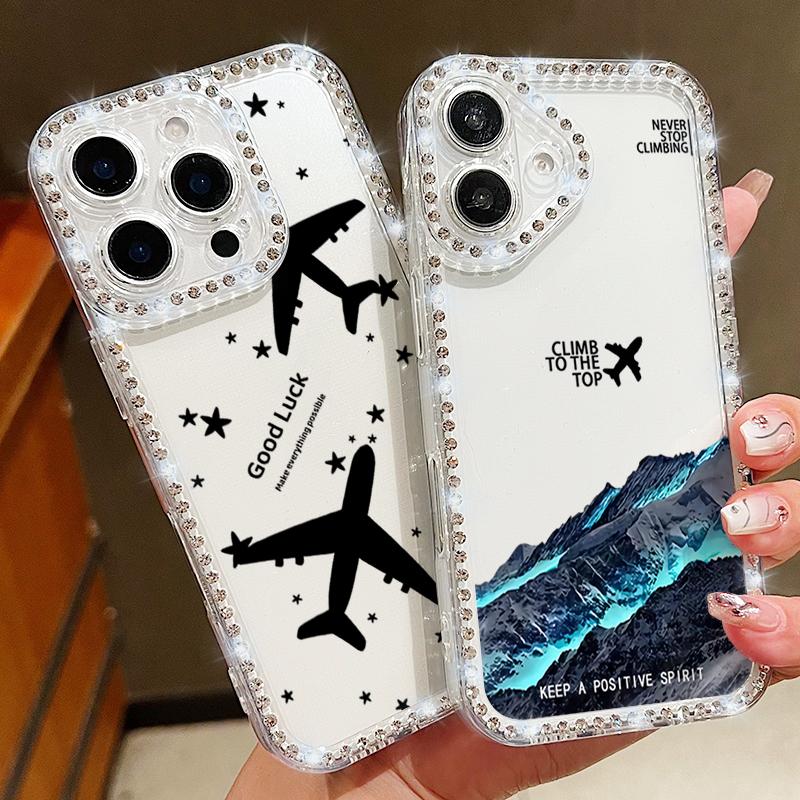 Airplane Travel Label Diamond Case For iPhone 16 Pro Max Coque iPhone 11 12 13 14 15 17 Pro Max 16E 17 Air Clear TPU Soft Cover