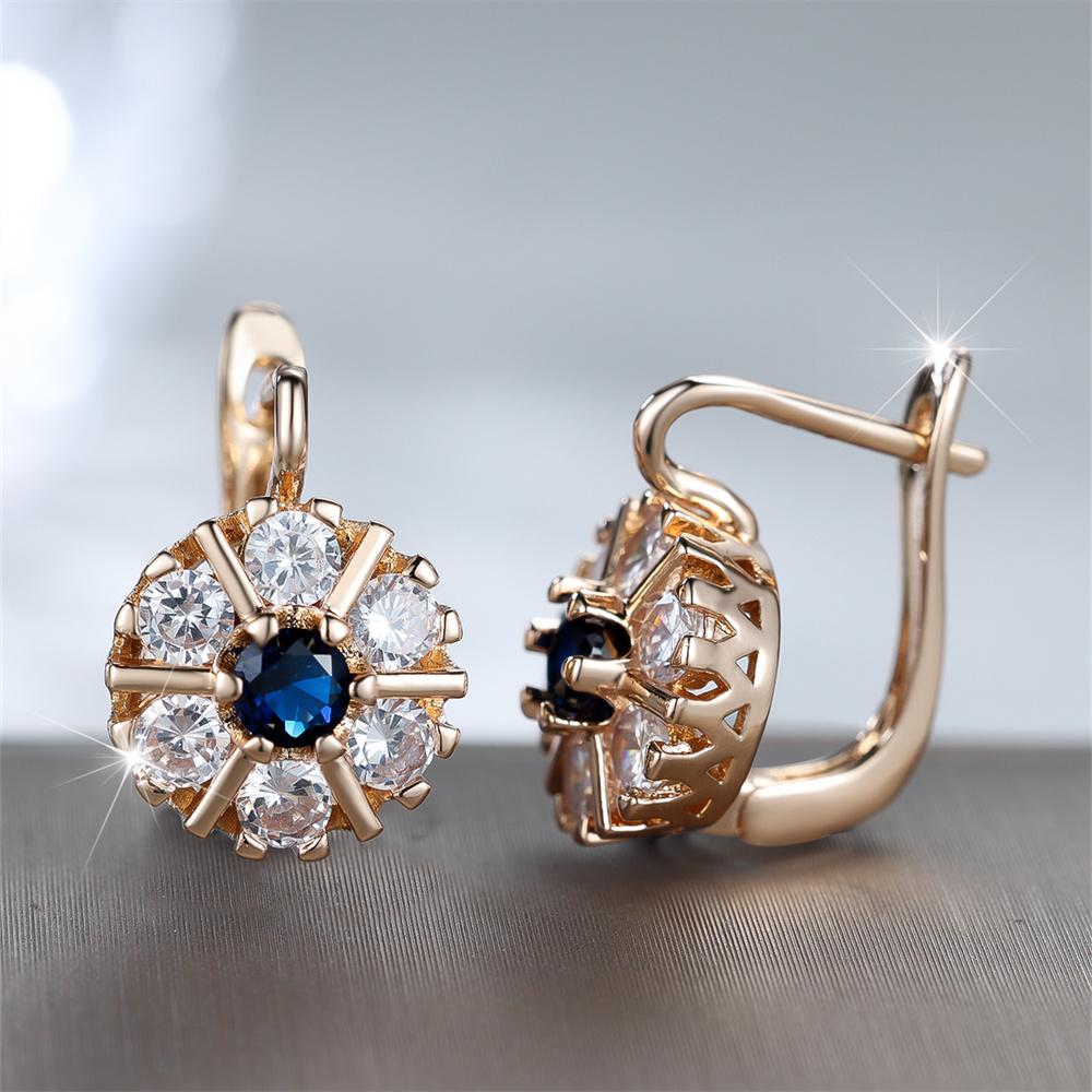 White Zircon Blue Crystal Flower Hoop Earrings For Women Vintage Gold Color Ear Buckle Wedding Jewelry Engagement Gifts