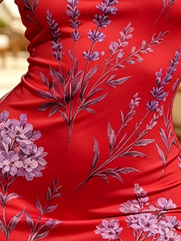 Women's Red Purple Lavender Floral Print Sleeveless Bodycon Dress, High Waist Tight Fit Beachwear and Cocktail Mini Dress