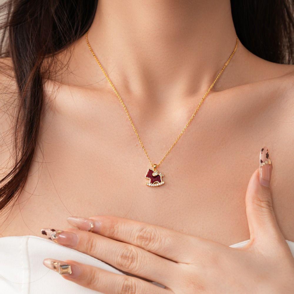Collarbone Chain Zircon Horse Pendant Necklace Rhinestone Red Drop Earrings  Wedding