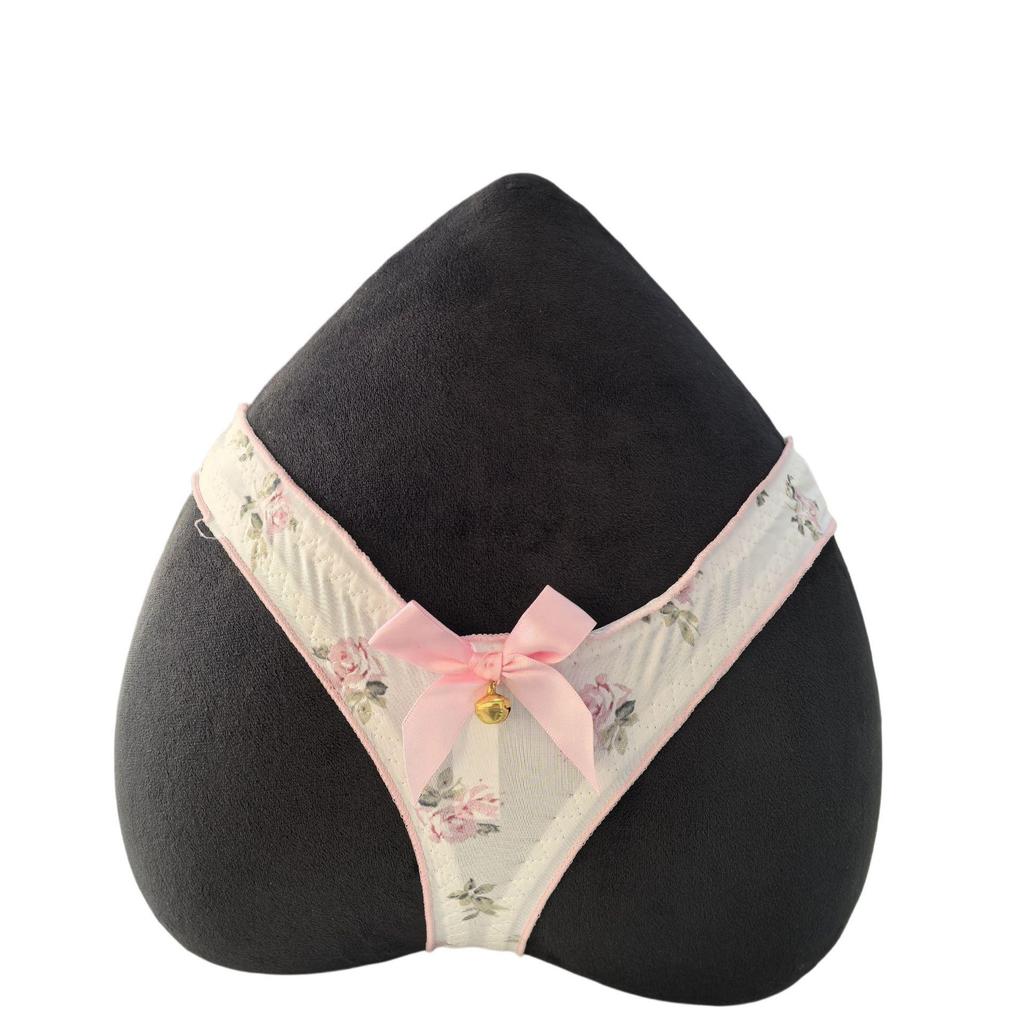 Ice Silk Bow Printed Low Waist Thong for Women