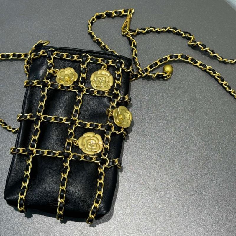 Style Camellia Genuine Leather Mobile Phone Bag Women 2024 New Mini Rhombic Chain Small Fashionable Crossbody
