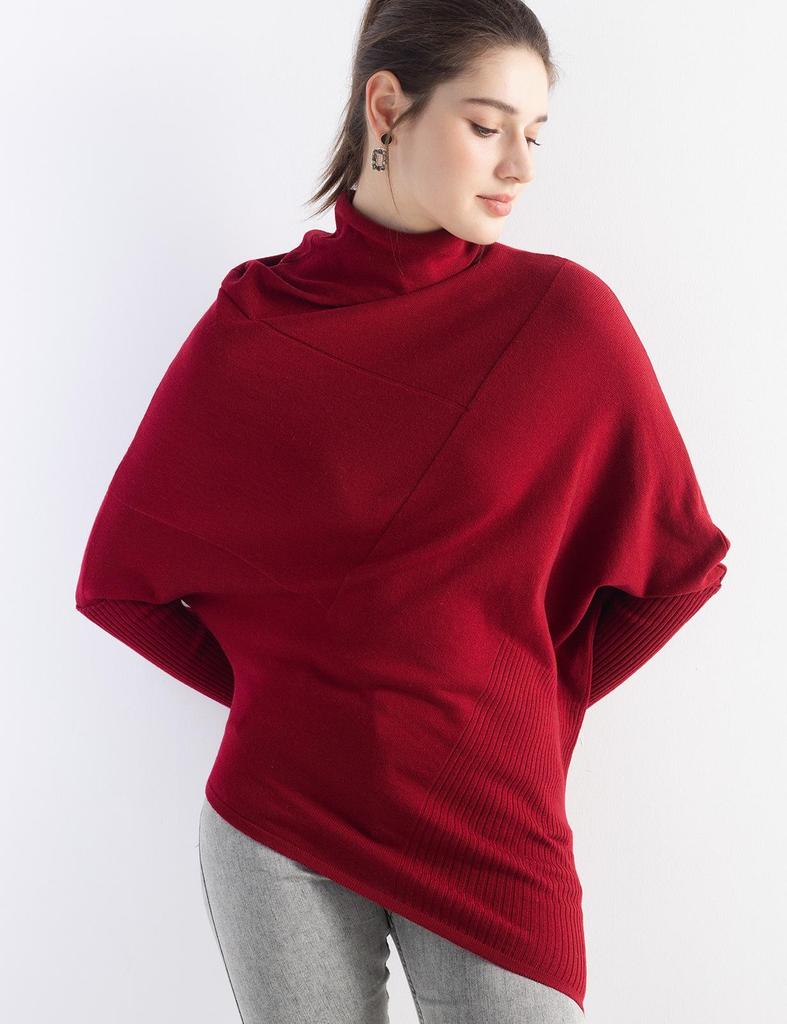 Korean Irregular Wool Patchwork Batwing Sleeve Sweater - Women's Autumn/Winter Loose Knitwear