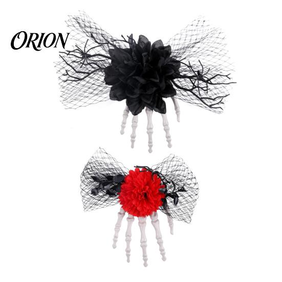Halloween Hair Jewelry Gothic Skeleton Hand Flowers Clip with Black Mesh, Themed Accessories Skull Bone Claw Hairpin for Girls,Women, Party
