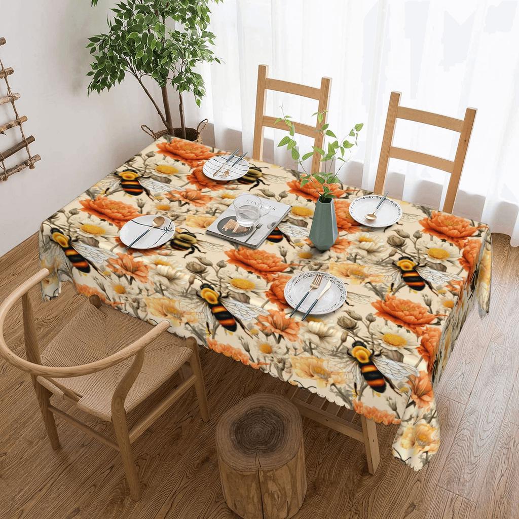 Spring Bees on Florals Tablecloth Rectangular Oilproof Table Cover Cloth for Party