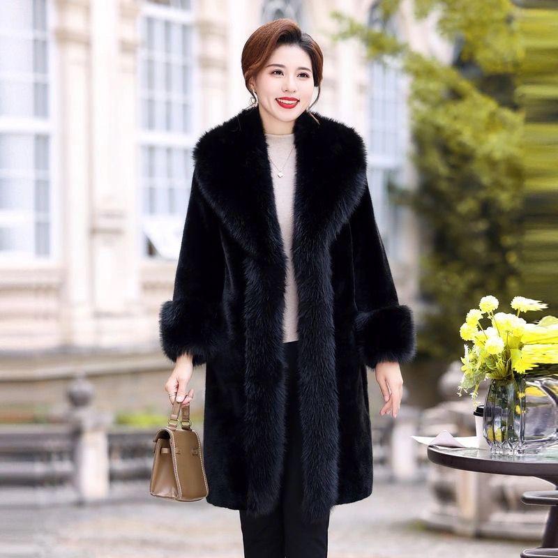 

Женское миди-пальто из норки Зимнее пальто из искусственного меха норки с V-образным вырезом L чёрный