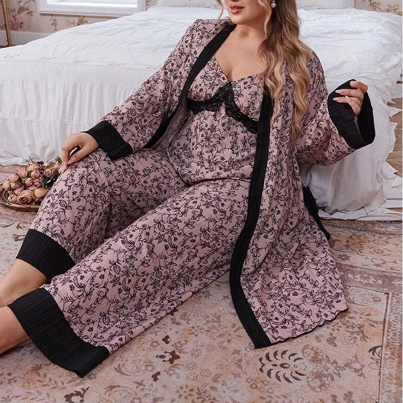 Новый сладкий цветочный жаккардовый женский пижамный комплект большого размера: Майка, Верхняя одежда и Брюки - Весна/Осень 2XL
