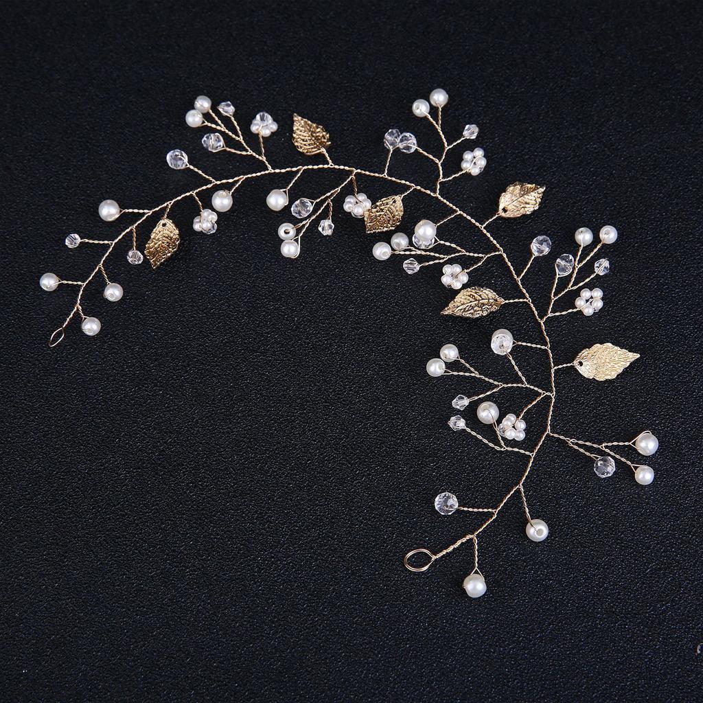 Bridal Sparkle Headband Head Chain Luxurious White Pearls Leaf Gown Headdress for Banquet Wedding Masquerade