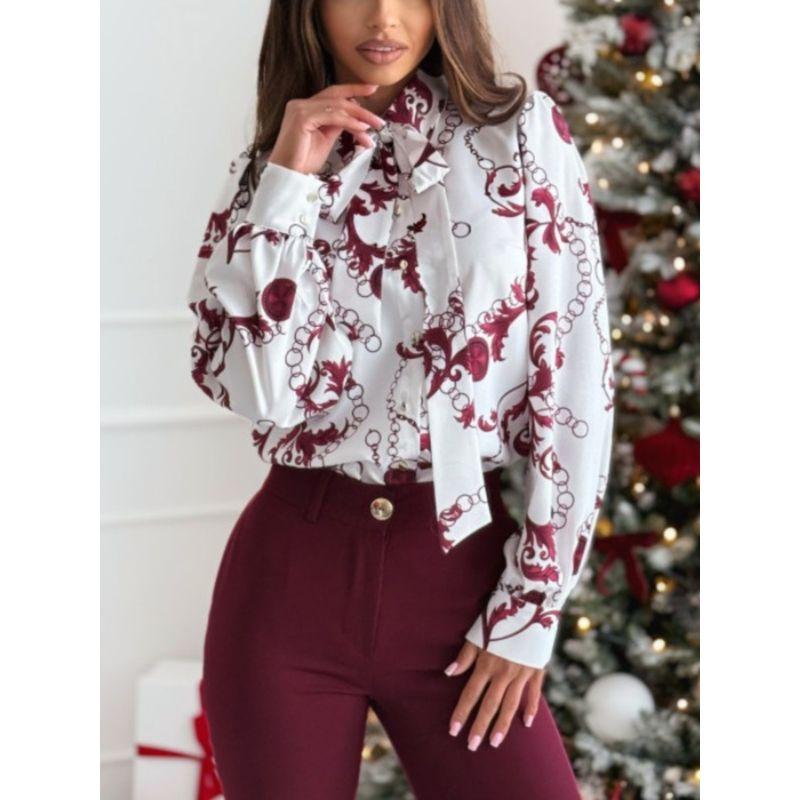 Sweet Spring New Arrival Fashion European and American Style Work Clothing Print Single-Breasted Lace up Bows Long Sleeve Shirt Top Women