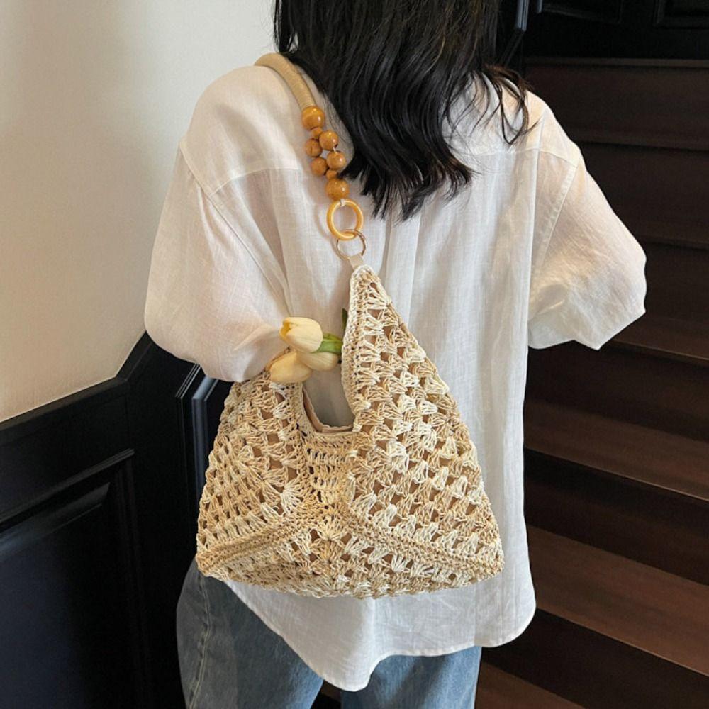 Tragetasche Strohgewebte Tasche Strandhandtasche Hohl-Schultertasche Trendige Böhmische Strandtasche Urlaub