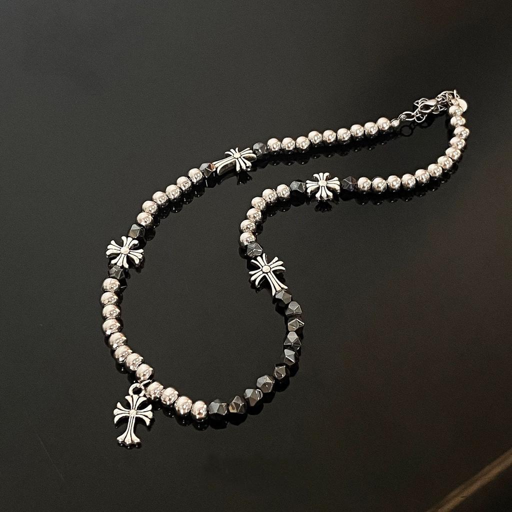 Personalized Beaded Cross, Black Gallstone Splicing Necklace, Men's Retro High-end Sense, Versatile Neck Chain, Women's Niche Couple Tide